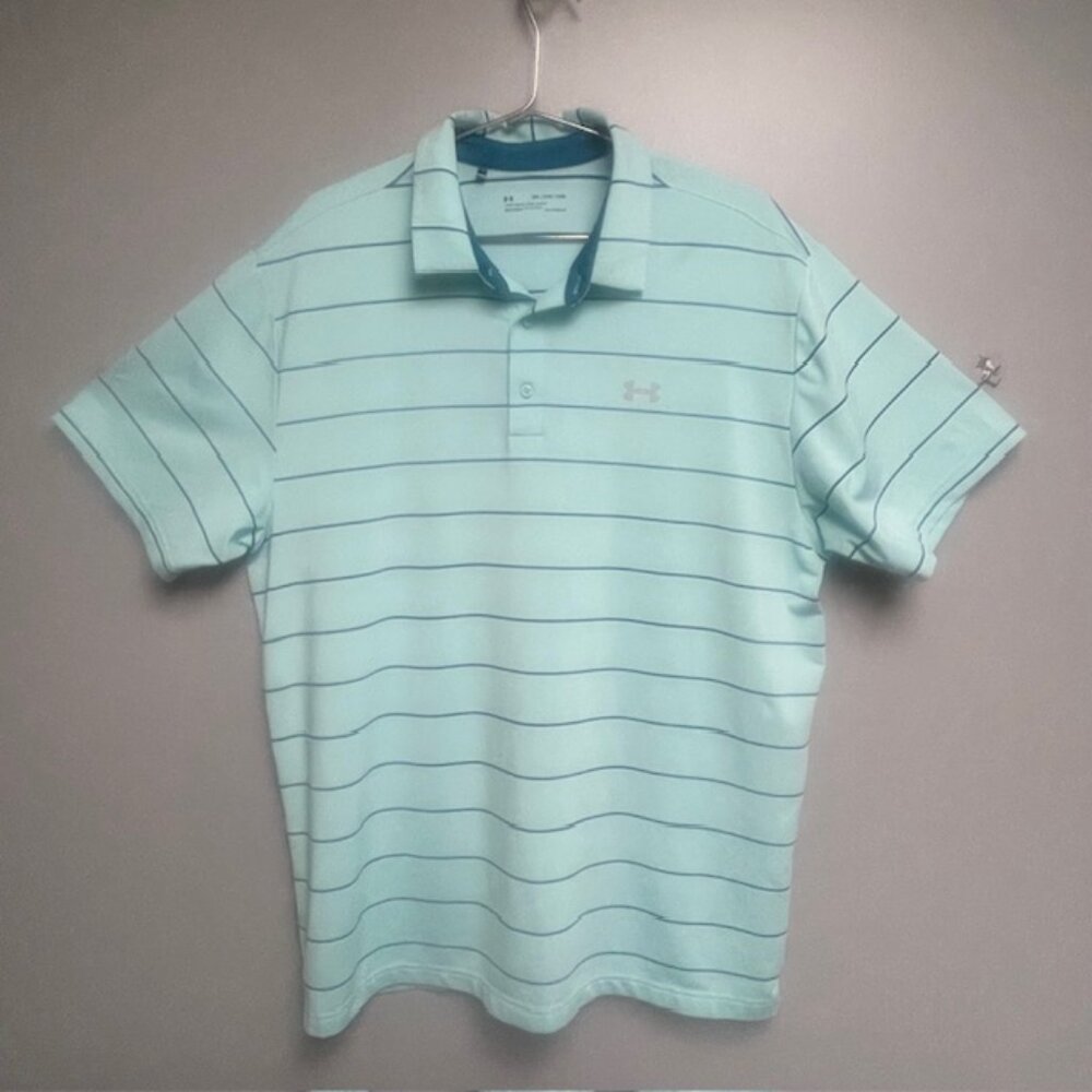 Under Armour Blue Teal Striped Heat Gear Mens Short Sleeve Polo Shirt - Size 2XL
